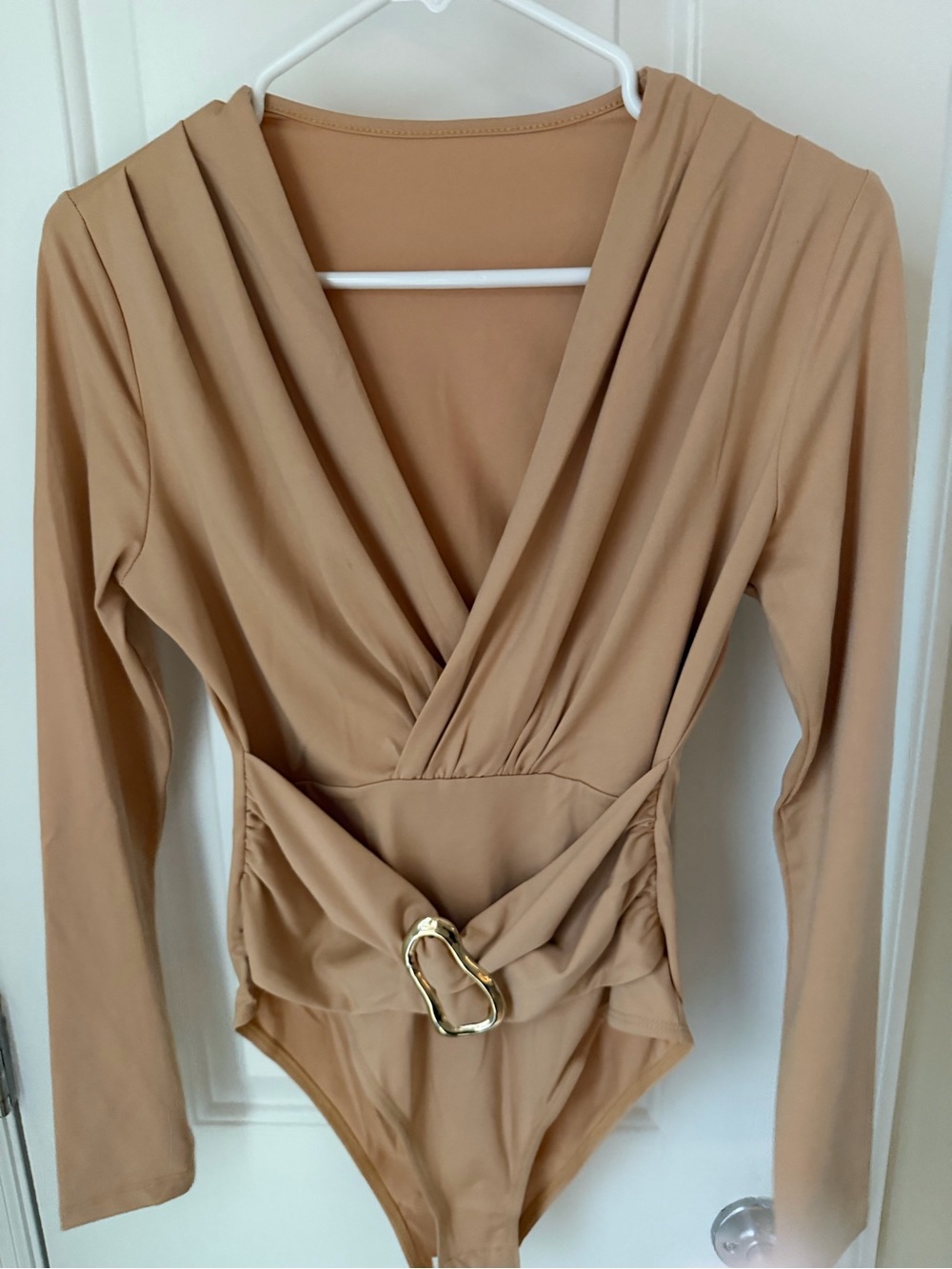 Commense Tan Long-Sleeve Wrap Bodysuit with Gold Buckle